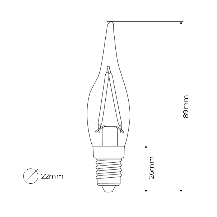 C22 French Candle Clear Warm White Decorative LED Filament Bulb 2W 2700K E14