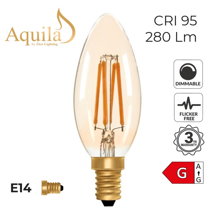 C35 Candle Amber Ultra Warm Decorative LED Filament Bulb 4W 2000K E14