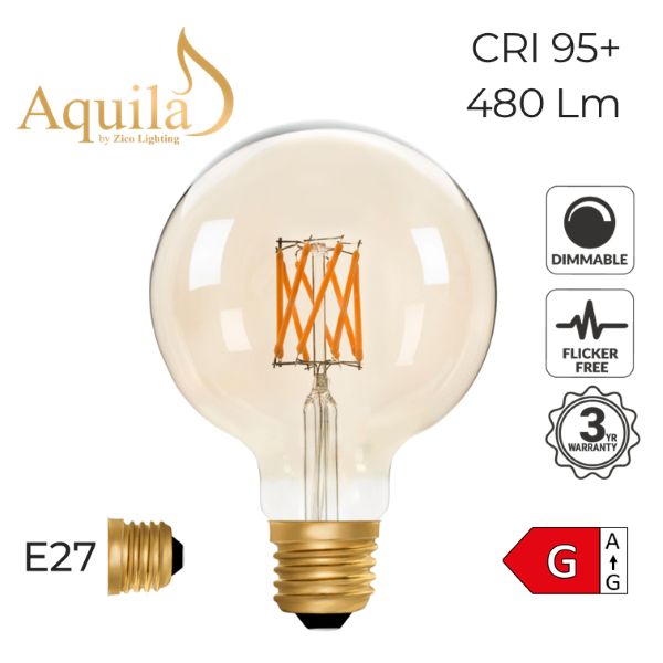 G95 Globe Amber Ultra Warm Decorative LED Filament Bulb 6W 2000K E27