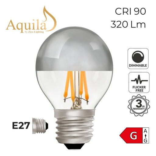 [ZL-G45/4W27E27S] G45 Golfball Silver Mirrored Warm White Decorative LED Filament Bulb 4W 2700K E27