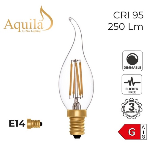 [ZL-C35FT/4W22E14C] Flame Tip Candle C35 Clear 4W 2200K E14 Light Bulb