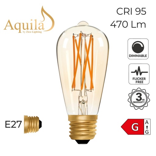 [ZL-ST64/6W22E27A] ST64 Squirrel Cage Amber Ultra Warm Decorative LED Filament Bulb 6W 2000K E27
